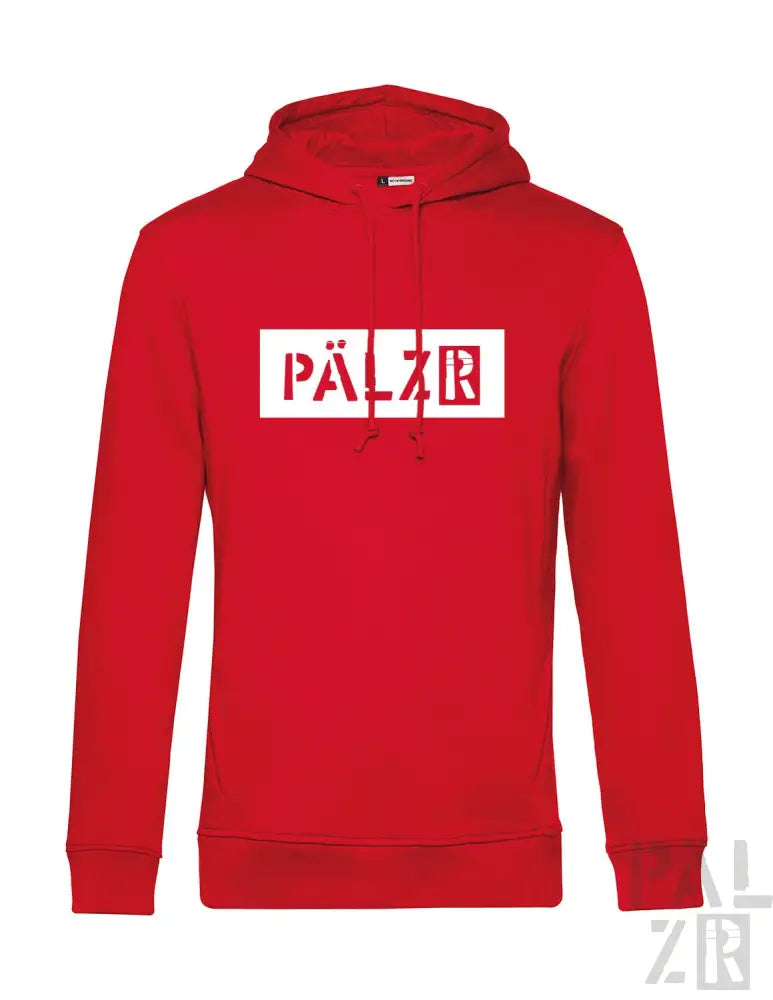 Roter Hoodie mit ‚pälzr‘-Logo in weißem und schwarzem Design, aus Fleece-Material gefertigt.