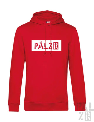 Roter Hoodie mit ‚pälzr‘-Logo in weißem und schwarzem Design, aus Fleece-Material gefertigt.