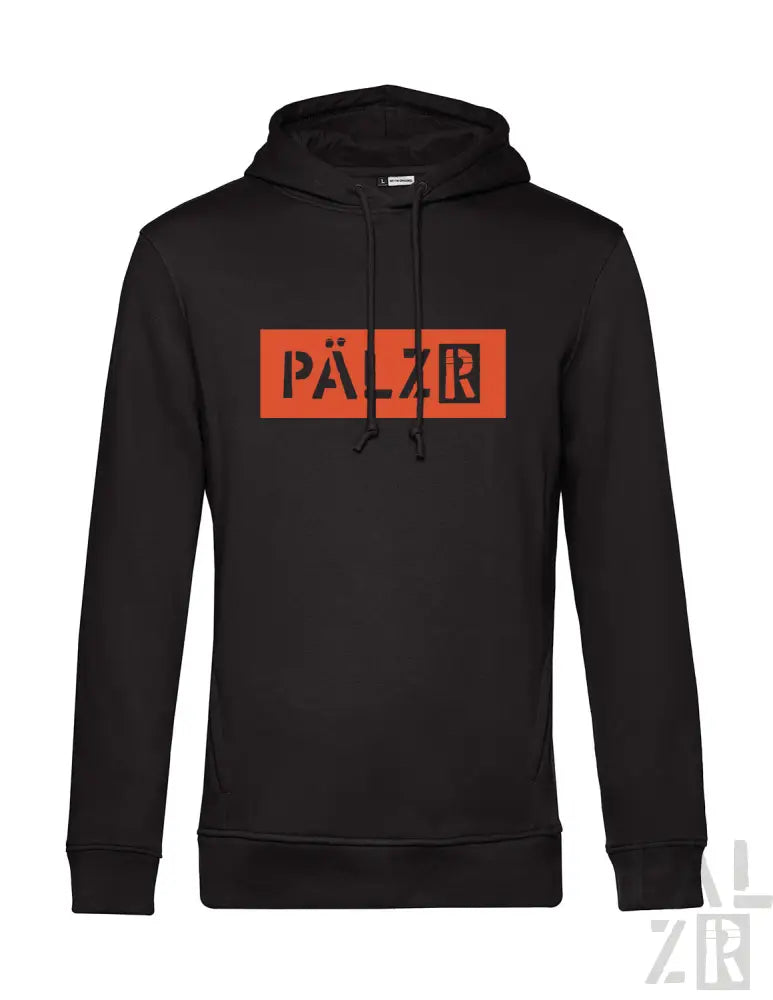 Schwarzer Hoodie mit ’pälzr’-Logo in Rot und Weiß, Material eines Kapuzen-Sweatshirts.