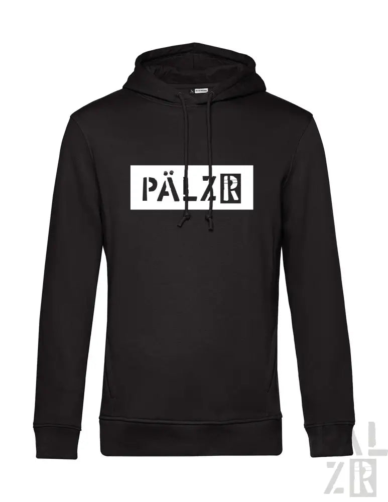 Schwarze Kapuzenjacke mit weißem „pälzr“-Logo und Kapuze, aus Fleece-Material gefertigt.