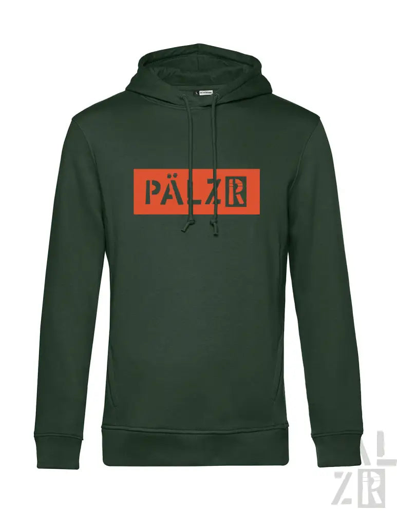 Grüner Hoodie mit ‚pälzr‘-Logo in rot-schwarzem Design, aus Baumwolle.