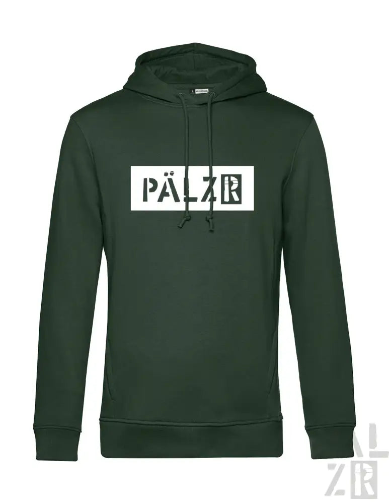 Grüner Hoodie mit ‚pälzr‘-Logo in weiß-schwarzem Design, aus Fleece-Material.
