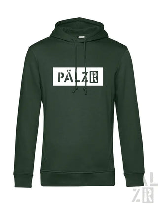 Grüner Hoodie mit ‚pälzr‘-Logo in weiß-schwarzem Design, aus Fleece-Material.