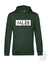 Grüner Hoodie mit ‚pälzr‘-Logo in weiß-schwarzem Design, aus Fleece-Material.