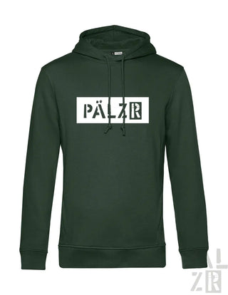 Grüner Hoodie mit ‚pälzr‘-Logo in weiß-schwarzem Design, aus Fleece-Material.