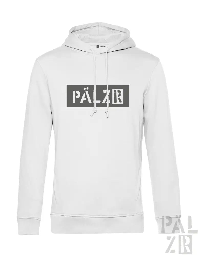 Weiße Hoodie mit ‚pälzr‘-Logo in schwarz-grauem Design.
