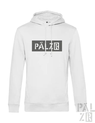 Weiße Hoodie mit ‚pälzr‘-Logo in schwarz-grauem Design.