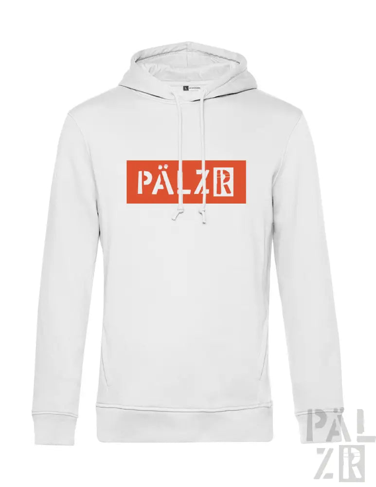 Weiße Hoodie mit orangem und schwarzem Logo-Design, das die Marke ’pälzr’ in fetten Buchstaben zeigt.