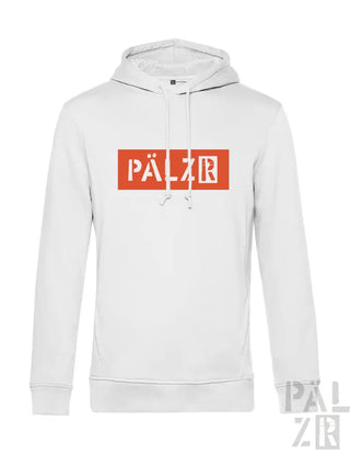 Weiße Hoodie mit orangem und schwarzem Logo-Design, das die Marke ’pälzr’ in fetten Buchstaben zeigt.