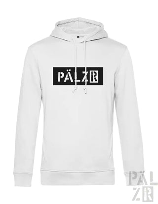 Weiße Hoodie mit schwarzem ’pälzr’-Logodesign auf der Vorderseite.