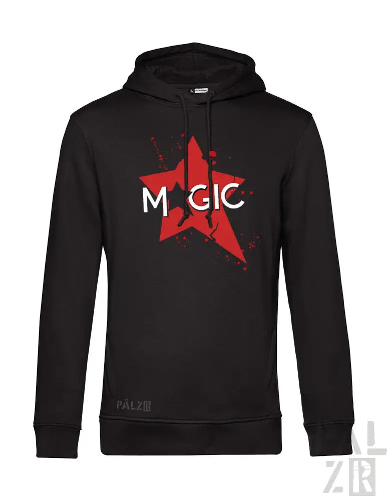 Schwarze Kapuzenjacke mit rotem Stern und ’magic’-Textdesign, wahrscheinlich aus Baumwolle oder Polyester-Mischung.