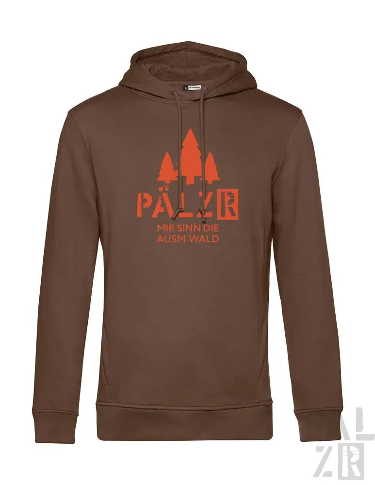 Brauner Hoodie mit Orangenbaum-Design und ’pälzr’ Logo.