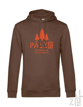 Brauner Hoodie mit Orangenbaum-Design und ’pälzr’ Logo.