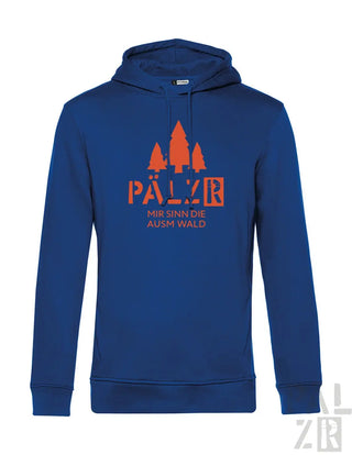 Königsblaues Hoodie mit Baumdesign und Text „pälyr“ in Orange.