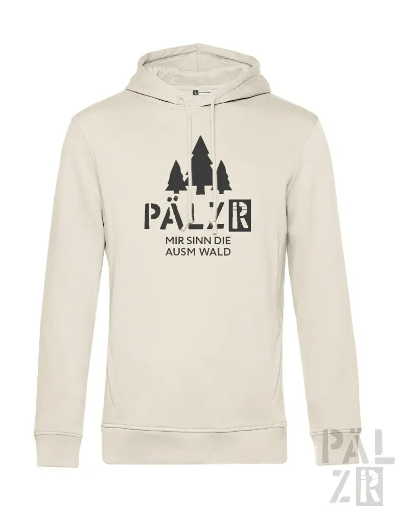 Cremeweiße Kapuzenjacke mit schwarzem Baum-Design und Text „pälzr“ auf der Vorderseite.