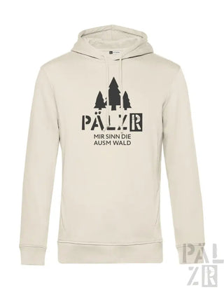 Cremeweiße Kapuzenjacke mit schwarzem Baum-Design und Text „pälzr“ auf der Vorderseite.