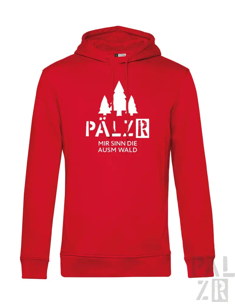 Rote Kapuzenjacke mit weißem Text und Design, mit dem Logo ’pälz’.
