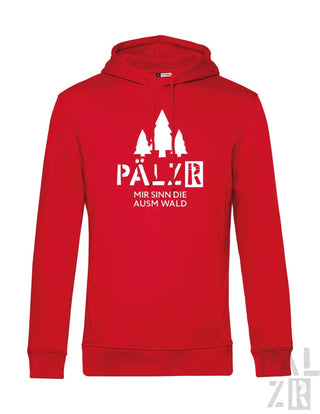 Rote Kapuzenjacke mit weißem Text und Design, mit dem Logo ’pälz’.