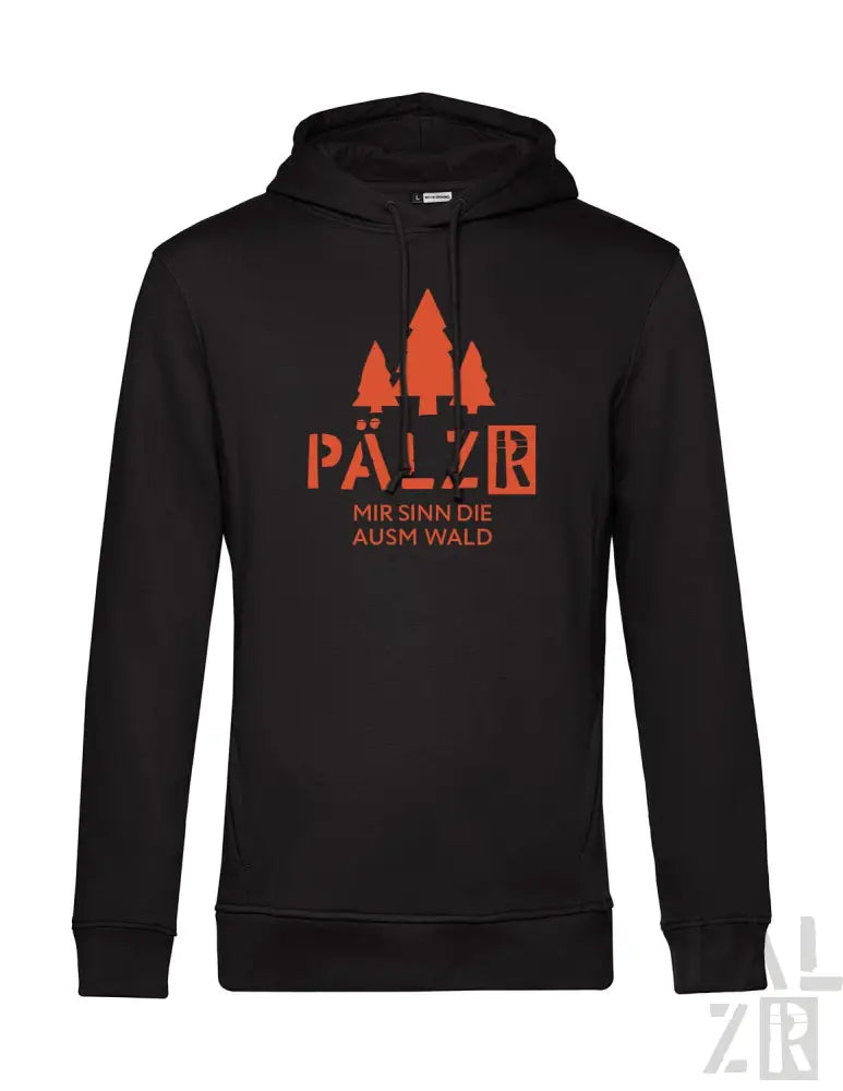 Schwarze Hoodie mit orangefarbenem Text und Design mit Bäumen, ’pälvr’ Logo und Slogan.