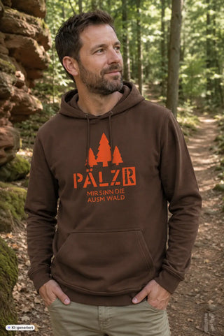 Brauner herren hoodie mit orangefarbenem baum und textgrafik mir sinn die ausm wald in verschiedenen farben