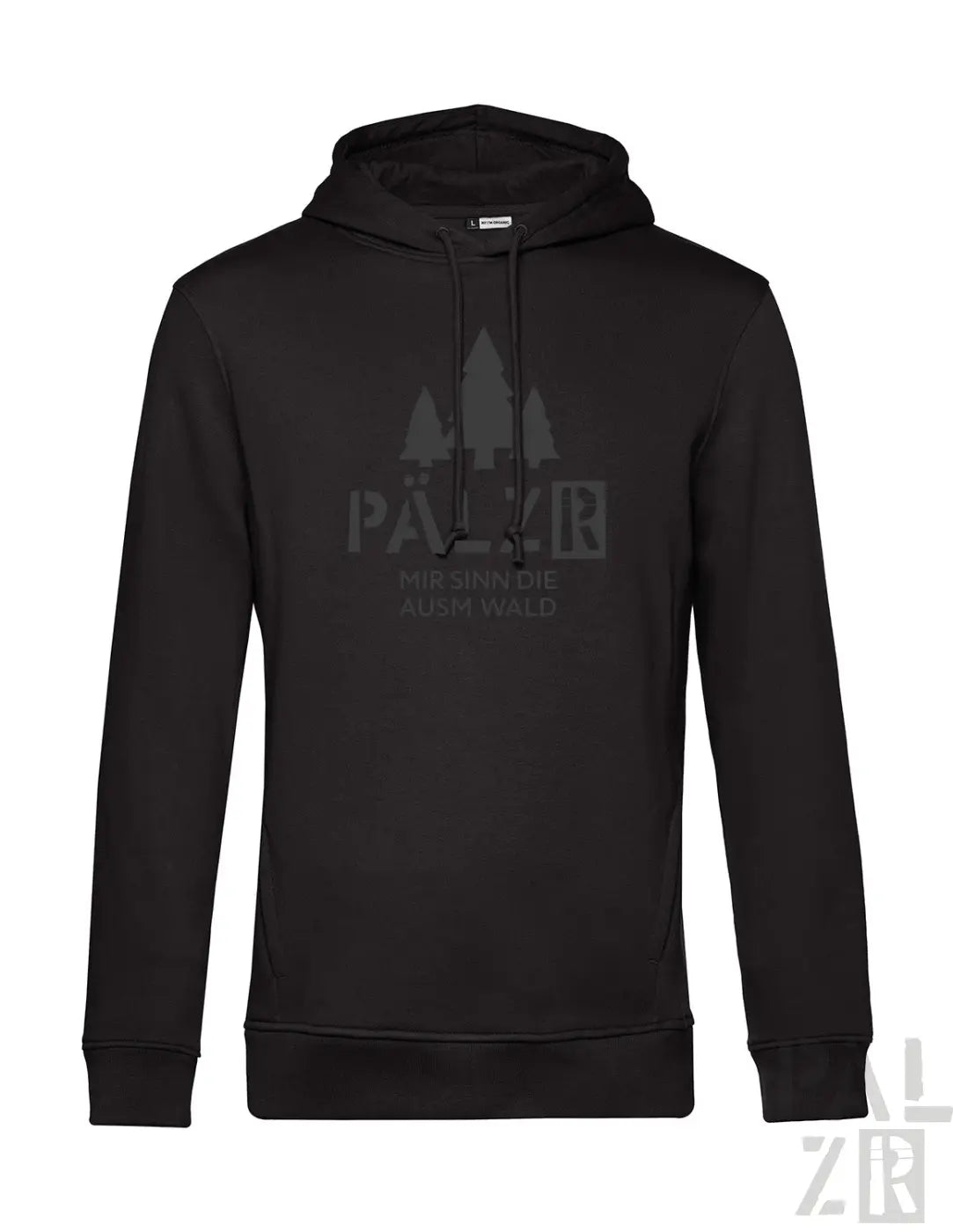 Schwarzer männer pullover hoodie mit verblasstem grauem baumgrafik und text pälz r mir sind die aus wald