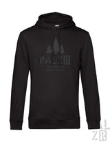 Schwarzer männer pullover hoodie mit verblasstem grauem baumgrafik und text pälz r mir sind die aus wald