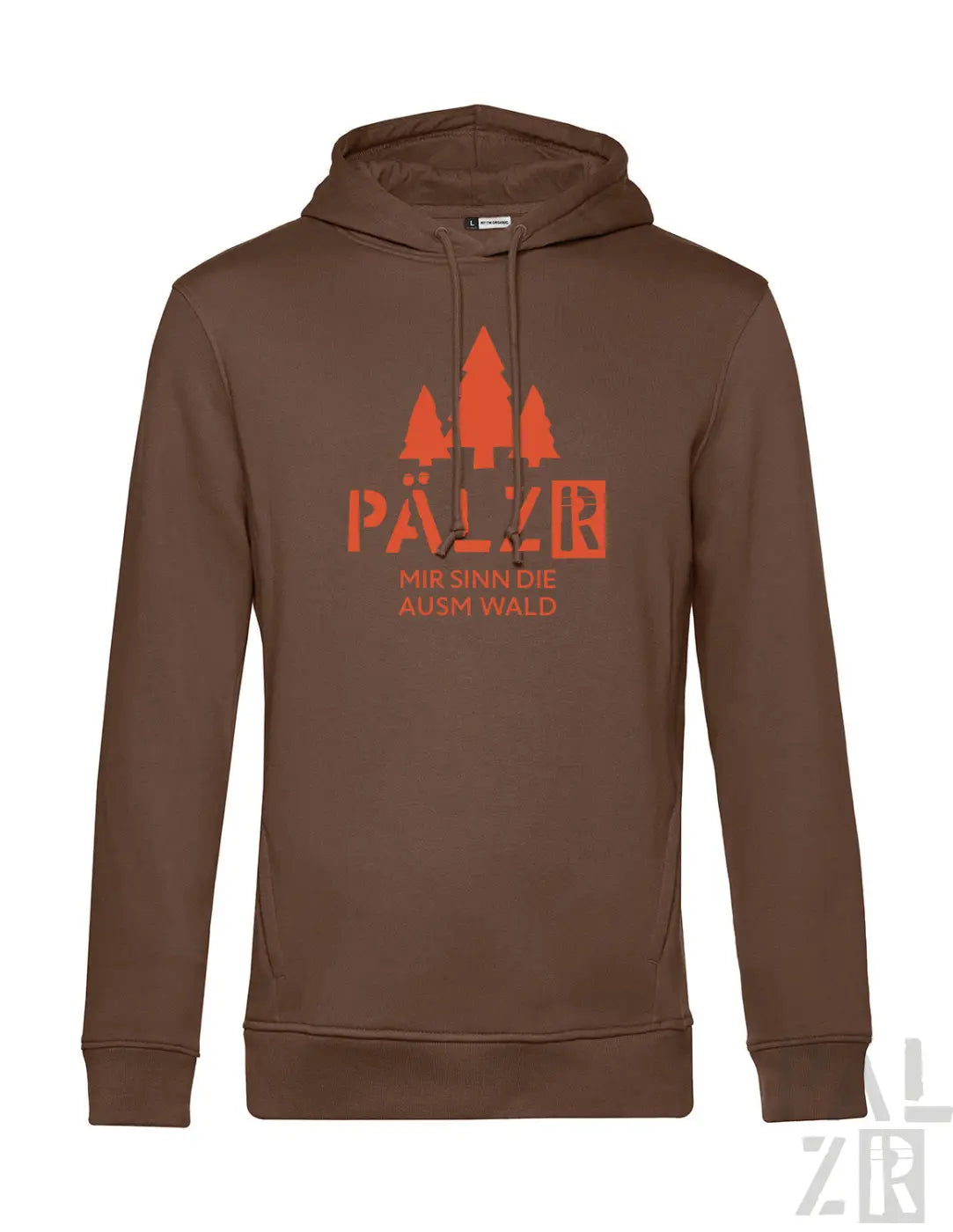Brauner hoodie männer mit kapuze und orangefarbenem baum und text grafik mir sinn die ausm wald in verschiedenen farben