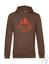 Brauner hoodie männer mit kapuze und orangefarbenem baum und text grafik mir sinn die ausm wald in verschiedenen farben