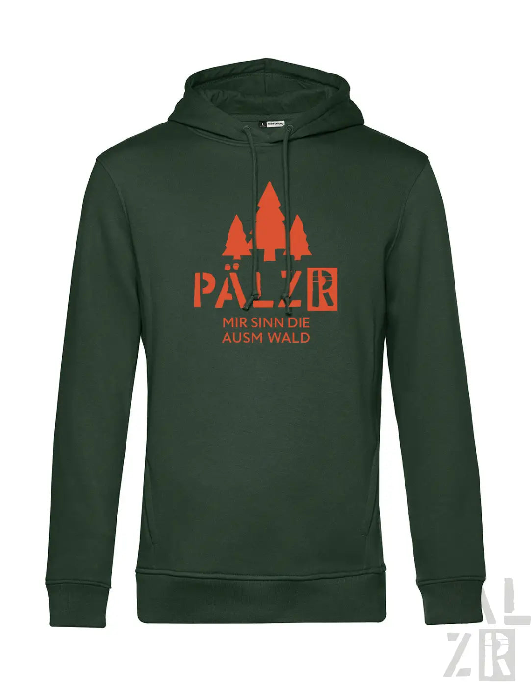 Dunkelgrüner herren hoodie mit orangefarbenem nadelbaumgrafik und text pälz r mir sinn die aus m wald