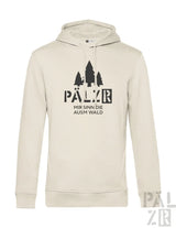 Beiger herrenhoodie mit kapuze und schwarzem waldmotiv mir sinn die ausm wald in verschiedenen farben
