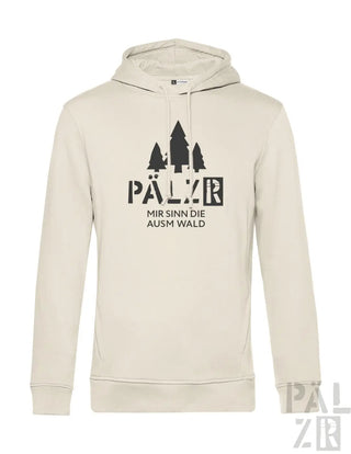 Beiger herrenhoodie mit kapuze und schwarzem waldmotiv mir sinn die ausm wald in verschiedenen farben