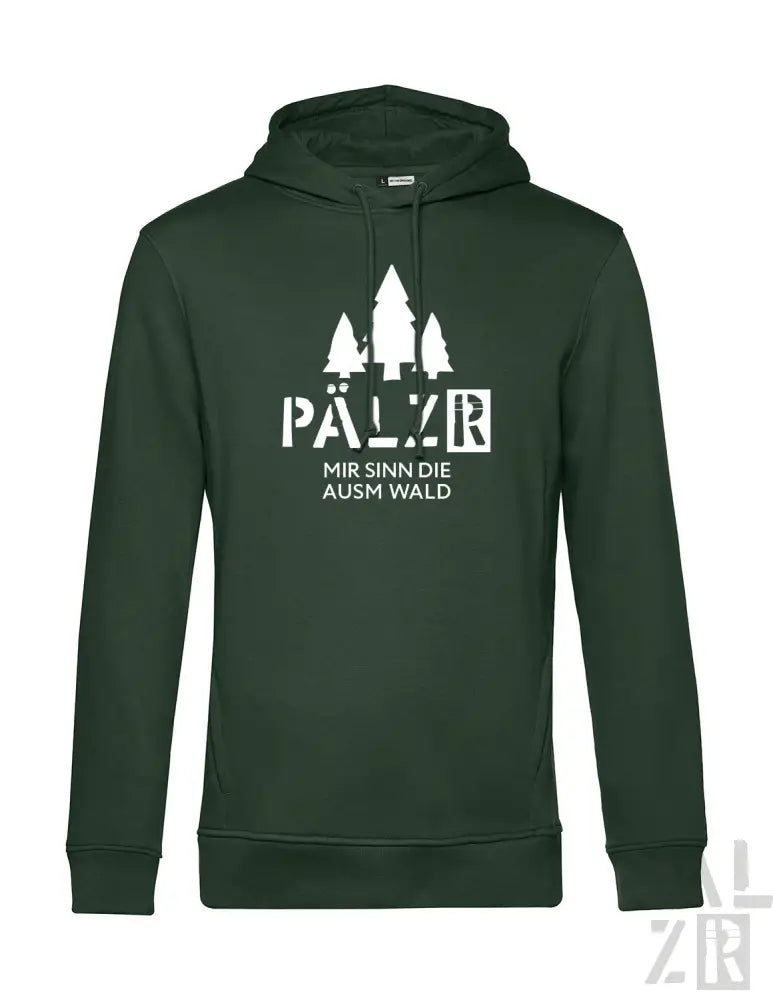 Waldgrüner Hoodie mit weißem Text und Design mit Bäumen.