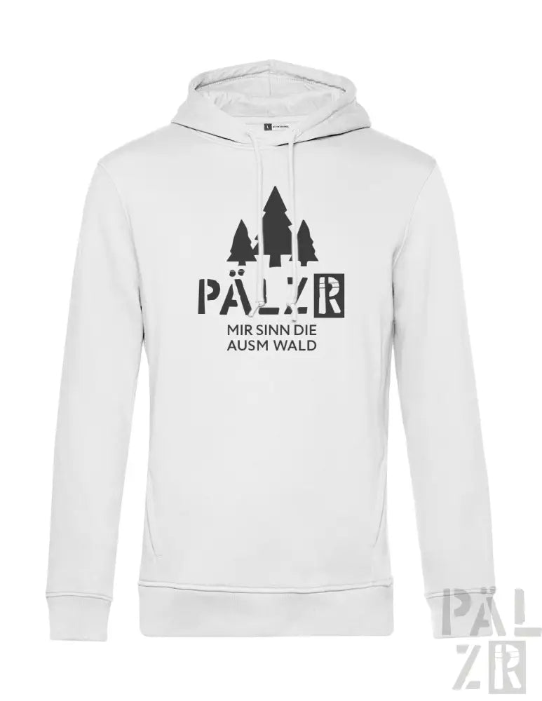Weißes Hoodie mit schwarzem Text und Baum-Design, aus Baumwolle.