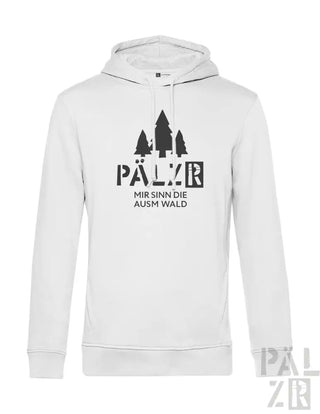 Weißes Hoodie mit schwarzem Text und Baum-Design, aus Baumwolle.