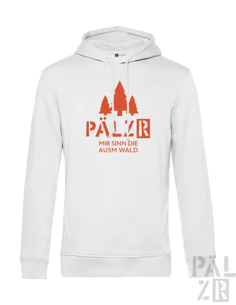 Weißes Hoodie mit rotem Text und Design mit Bäumen.
