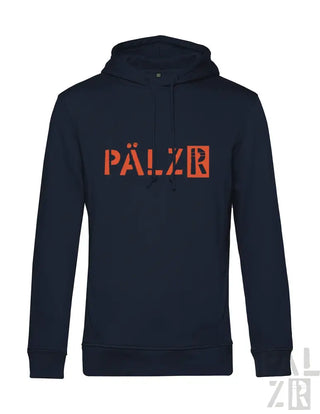 Marineblaue Kapuzenjacke mit ’pälzr’-Logo in orange-schwarzem Design.