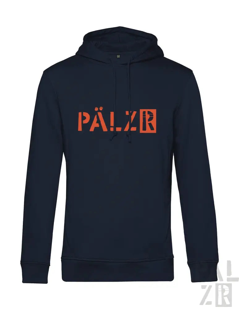 Marineblaue Kapuzenjacke mit ’pälzr’-Logo in orange-schwarzem Design.