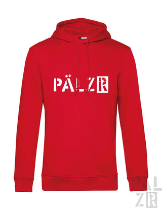 Rote Kapuzenjacke mit ’pälzr’-Textdesign, wahrscheinlich aus Baumwolle oder Polyester-Mischung gefertigt.