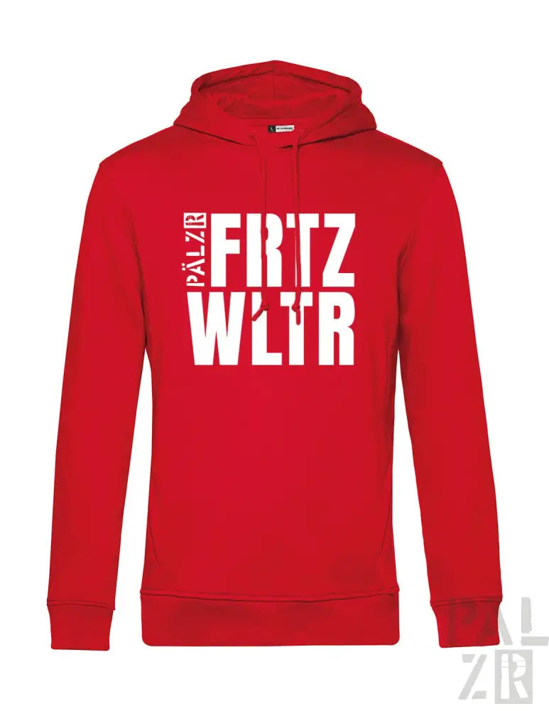 Rotes Hoodie mit weißem Textdesign mit ’palor fritz wltr’ und Kapuzenstil.