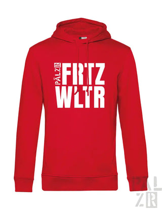 Rotes Hoodie mit weißem Textdesign mit ’palor fritz wltr’ und Kapuzenstil.
