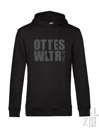 Schwarze Kapuzenjacke mit ’ottes wltr’ Textdesign, aus Baumwoll-Polyester-Mischung.