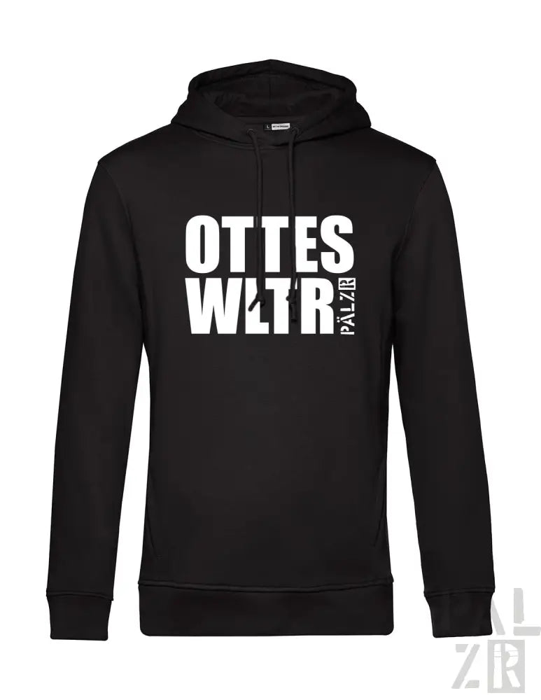 Schwarze Kapuzenjacke mit weißem Text „ottes wltr palzb“ und Kapuze.