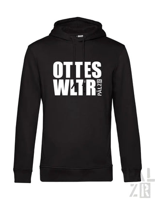 Schwarze Kapuzenjacke mit weißem Text „ottes wltr palzb“ und Kapuze.