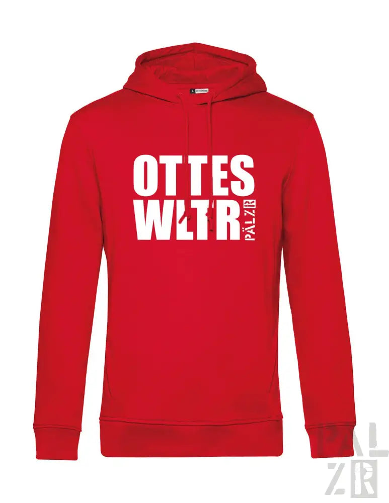 Rotes Hoodie mit weißem Text und Logo-Design, das ’ottes wltr palzb’ auf der Vorderseite zeigt.