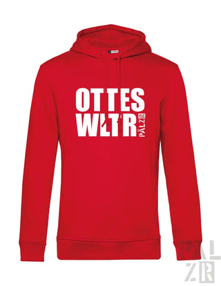 Rotes Hoodie mit weißem Text und Logo-Design, das ’ottes wltr palzb’ auf der Vorderseite zeigt.