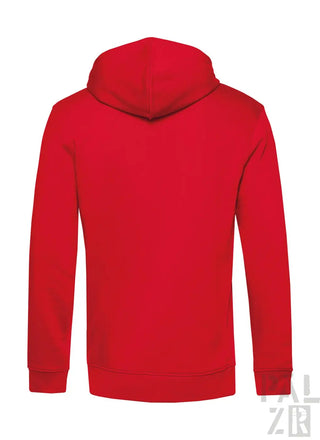 Rote Kapuzenjacke mit Kapuze und langen Ärmeln, wahrscheinlich aus Baumwolle oder Polyester-Mischung.