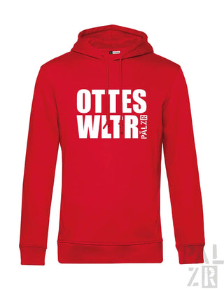 Rotes Hoodie mit weißem Text und Logo-Design, das ’ottes wltr palzb’ auf der Vorderseite zeigt.