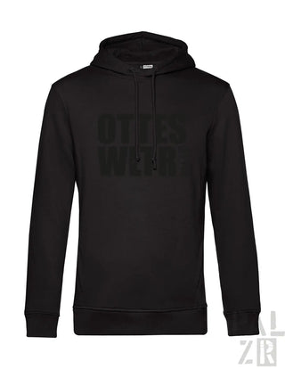 Schwarze Hoodie mit ’utter wilds’ Textdesign, aus Fleece-Material gefertigt.