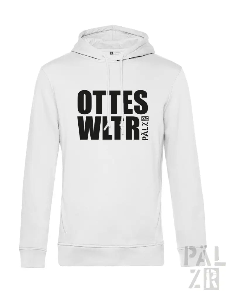 Weiße Hoodie mit schwarzem Textdesign, ’ottes wltr palzir’ auf der Vorderseite gedruckt.