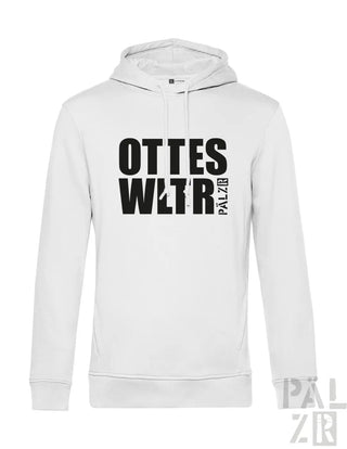 Weiße Hoodie mit schwarzem Textdesign, ’ottes wltr palzir’ auf der Vorderseite gedruckt.